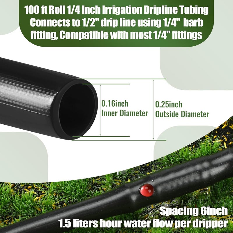Innconee 1/4 Inch Drip Irrigation Tubing Hydroponics Dripline Hose with 6 Inch Emitter Spacing Irrigation Drip Line Emitter Tubing for Gardens Efficient Raised Beds Flower Watering(Black,100 ft) - Image 2